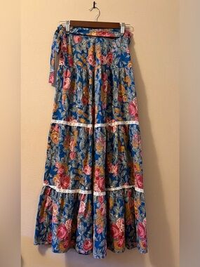 Vintage Fritzi of CA Tiered Floral Maxi Skirt with Lace Trim